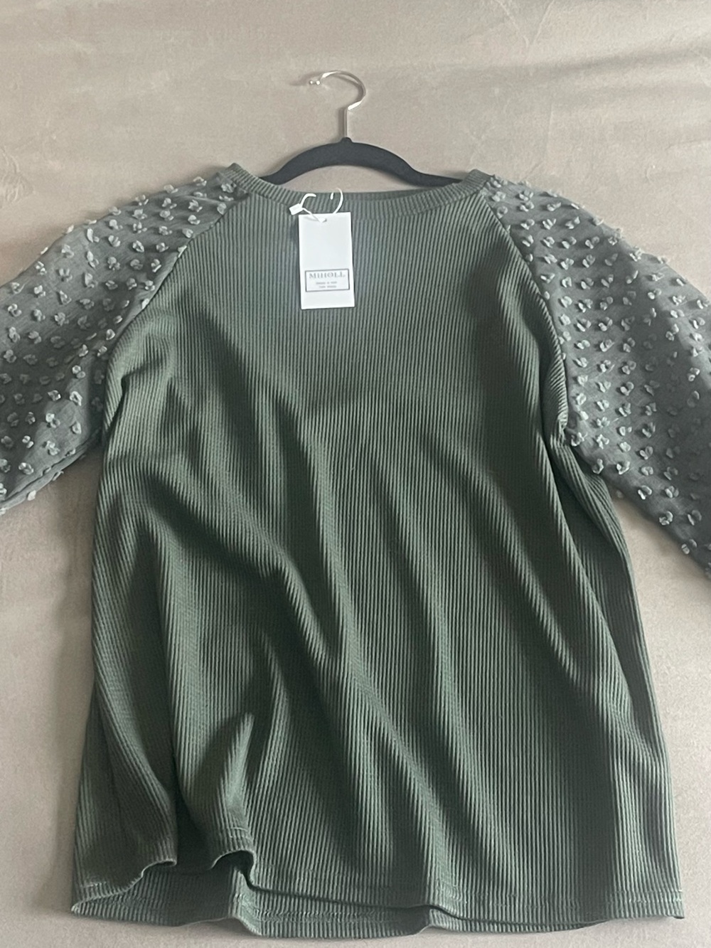 Michele Olive Green Ribbed Body Top with Sheer Textured Sleeves